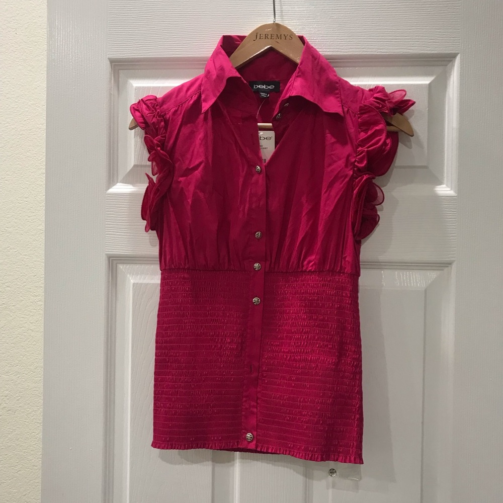 Hot pink ruffled sleeve button down